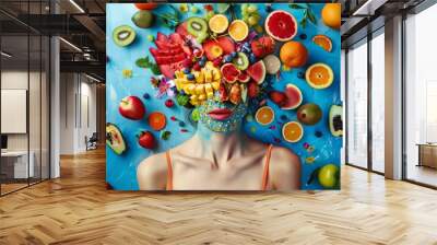 A colorful and creative representation of woman's face using assortment of fresh fruits on vivid blue background. Beauty and health symbolized through vibrant fruit, creative concept of nutrition Wall mural