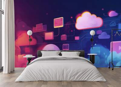 Colorful abstract illustration of cloud computing services with interconnected devices and data management icons on vibrant gradient background for digital network connectivity and technology concept Wall mural