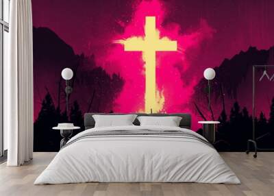 dramatic digital illustration of glowing cross against dark mountainous landscape with magenta sky. bright light radiating from cross symbolizes spiritual guidance and hope, powerful contrast Wall mural