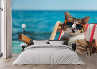 A cat wearing sunglasses is laying on a beach chair. The cat is relaxed and enjoying the sun Wall mural