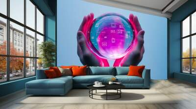 A hand is holding a purple sphere with many icons on it. The sphere is glowing and he is a symbol of communication or connection Wall mural