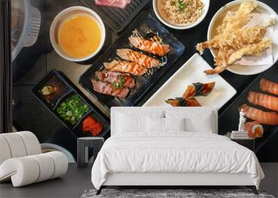 Top view set of japanese food sushi shabu and tempura Wall mural