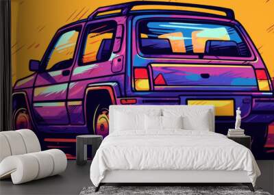 A purple cartoon car drives past a city skyline in the setting sun. Wall mural