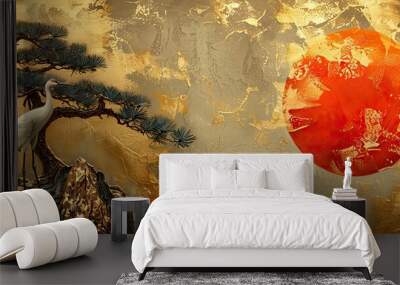 Japanese style painting on the wall of a pine tree and crane by the lake, golden yellow background, sunset. Wall mural