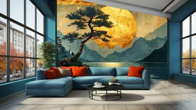 Japanese style painting on the wall of a pine tree and crane by the lake, golden yellow background, sunset. Wall mural