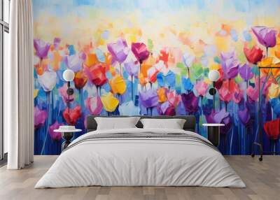 Spring summer tulip flowers for banner panorama background, Abstract oil acrylic painting of a colorful tulip field on canvas. Wall mural