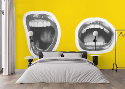 Collage of contemporary art in the style of a magazine with a set of female emotional lips. Closeup mouth girl expressing various emotions. Black and white tones colorful yellow background   Wall mural