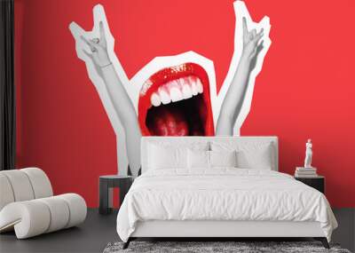 Stylish trendy collage of modern art. Instead of a head, a crazy mouth screams, giving a sign of rock and roll, a gesture of the devil's horn. Bright red lips, white teeth, mouth with a long tongue Wall mural