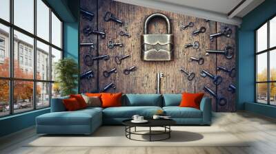 Antique door lock and old keys on a tree. Find your matching key to the lock. Concept and idea on the topic of security, history, protection, guard, secret, preservation, etc. Retro style. Wall mural