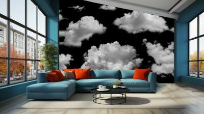 Clouds set isolated on black background. White cloudiness, mist or smog background. Collection of different clouds. Wall mural