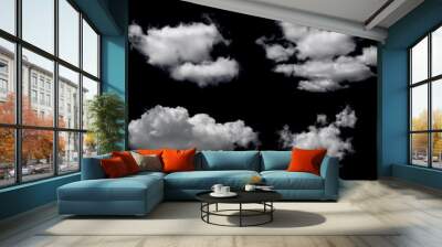 Clouds set isolated on black background. White cloudiness, mist or smog background. Design elements on the topic of the weather. White cloud collection. Wall mural