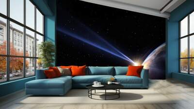 Comet, asteroid, meteorite flying to the planet Earth on the  starry night sky. Glowing asteroid and tail of a falling the safety of the Earth. Elements of this image furnished by NASA. Wall mural