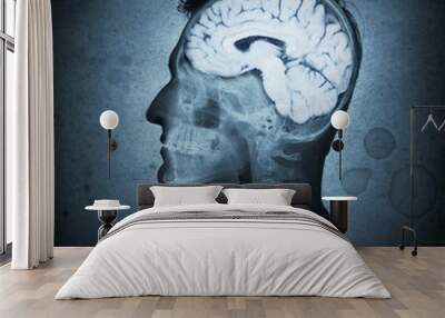 Conceptual image of a man from side profile showing brain and brain activity. Retro stale. Wall mural