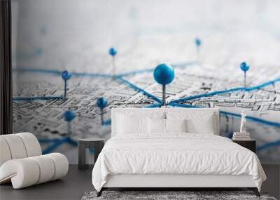 Find your way. Location marking with a pin on a map with routes. Adventure, discovery, navigation, communication, logistics, geography, transport and travel theme concept background. Wall mural