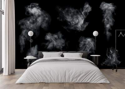 Fog or smoke set isolated on black background. White cloudiness, mist or smog background. Wall mural