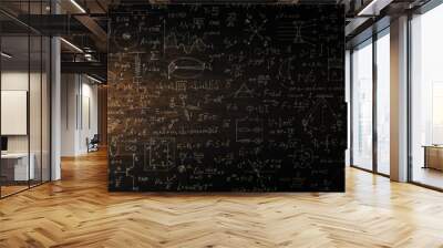 Glowing lamp as a symbol of scientific thought against the background of physical and mathematical formulas. Science and education background. Wall mural