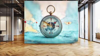 Magnetic compass  and location marking with a pin on routes on world map. Adventure, discovery, navigation, communication, logistics, geography, transport and travel theme concept background..  Wall mural