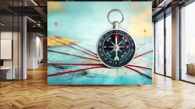 Magnetic compass  and location marking with a pin on routes on world map. Adventure, discovery, navigation, communication, logistics, geography and travel theme concept background.. Macro photo. Wall mural