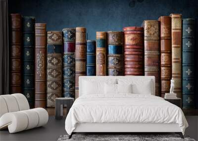 Old antiques books on wooden shelf. Tiled Bookshelf background.  Concept on the theme of history, nostalgia, old age. Retro style. The book is a symbol of knowledge. Wall mural