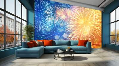 Old clock close to midnight, fireworks and lights. New Year's and Christmas holiday background. Wall mural