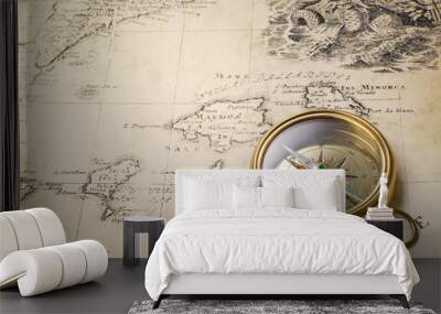 old compass and rope on vintage map 1732 Wall mural