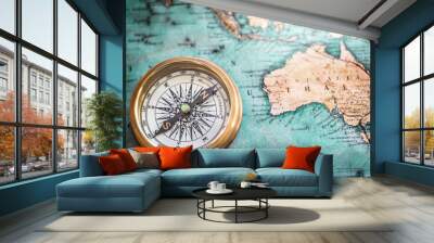 Old compass on vintage map. Retro style. Wall mural