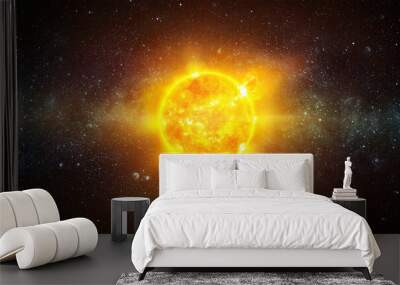 Panoramic view of the Sun, star The sun shines in space. A wide view of the sun and stars from space. Concept on the theme of ecology, environment, Earth Day. Elements of this image furnished by NASA. Wall mural