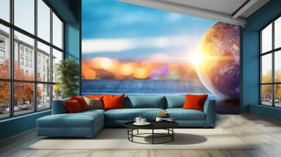 Planet earth on the background of blurred lights of the city. Concept on business, politics, ecology and media.  Elements of this image furnished by NASA Wall mural