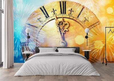 Retro clock close to midnight, fireworks and lights. New Year's and Christmas holiday background. Wall mural