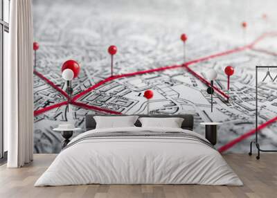 Routes with red pins on a city map. Concept on the  adventure, discovery, navigation, communication, logistics, geography, transport and travel topics. Wall mural