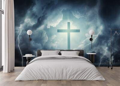 The cross as a symbol of the Christian faith and a stormy sky as a symbol of mortal life full of trials. Concept on the theme God, paradise, religion, Christian faith. Divine light, cross and heaven. Wall mural