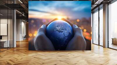 The globe Earth in the hands of man against the night city. Concept on business, politics, ecology and media. Earth day abstract background. Elements of this image furnished by NASA. Wall mural