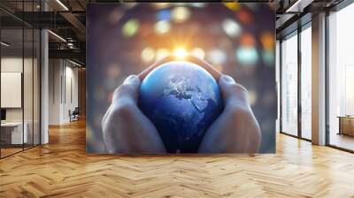 The globe Earth in the hands of man against the night city. Concept on business, politics, ecology and media. Earth day abstract background. Elements of this image furnished by NASA. Wall mural