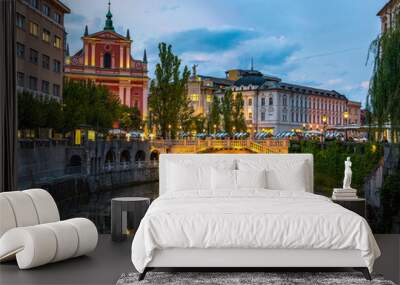 Tromostovje bridge and Ljubljanica river in the city center. Ljubljana, capital of Slovenia. Wall mural