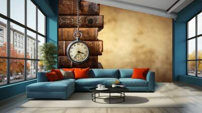 Vintage clock hanging on a chain on the background of old books. Old watch as a symbol of passing time. Concept on the theme of history, nostalgia, old age. Retro style. Wall mural