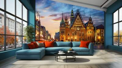 Wroclaw central market square with old houses, Town Hall and sunset, horse and carriage. Panoramic night view, long exposure.  Historical capital of Silesia, Wroclaw (Breslau) , Poland, Europe. Wall mural