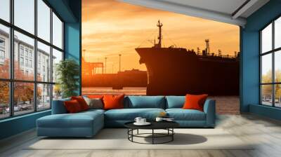 Profile of a tanker ship at sunset. Wall mural