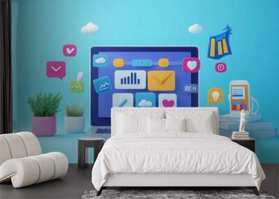 D Illustration of Laptop  Smartphone  and Social Media Icons on Blue Background Wall mural