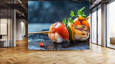 Grilled Shrimp and Scallops Skewers with Bell Peppers and Parsley Wall mural