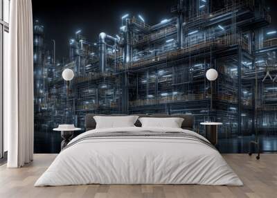 Industrial Refinery Night Photography   Complex Structure  Pipes  and Lights Wall mural