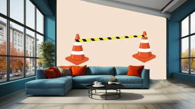 barricade area with police line and 2 cone. traffic cone sign. sterile area. investigation. Wall mural