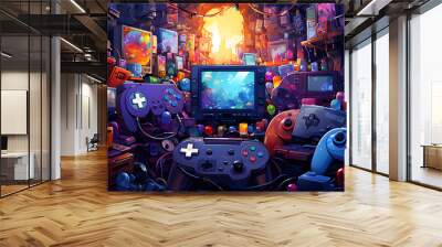 Anime gaiming consoles with colourful joysticks background ai generated art.  Wall mural