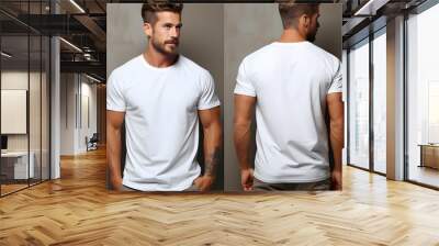 Handsome  man wearing a white casual t-shirt. Behind and front view of a mockup t-shirt for design print ai generated art.  Wall mural