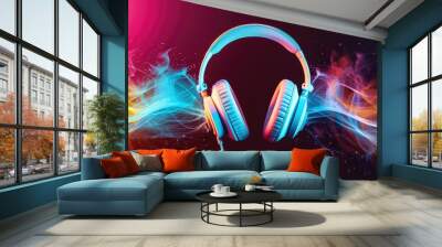 Headphones with shining colorful sound waves on dark background. Headphones surrounded by colorful, dynamic smoke waves on a dark background. Good for podcast show banner, radio, broadcast, show Wall mural