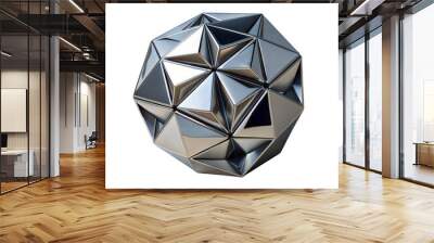 Modern Chrome Metallic Glossy Shape Icosahedron with reflective surfaces and angular facets Isolated on White Transparent Background, PNG Element Wall mural