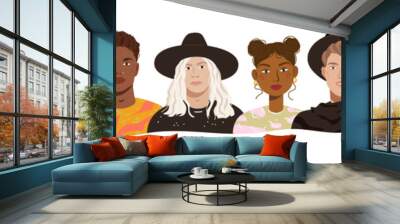 Portraits of modern young diverse people standing together. Banner of stylish people group. Boys and girls different nationality set. Vector flat cartoon illustration of trendy people avatars Wall mural