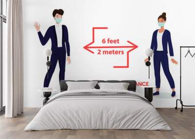 Social distancing info banner with businessman people in protective masks and warning about keep safe distance - 2 meters or 6 feet. 
Office worker info for protective Coronavirus or COVID-19. Vector Wall mural