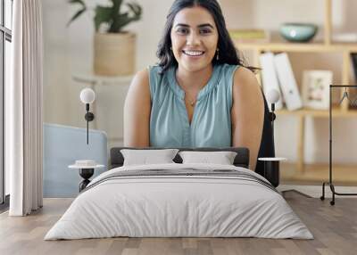 Technology, portrait of a happy businesswoman and laptop at her desk in a modern workplace office. Internet or digital connectivity, administration or research and cheerful female seo manager Wall mural