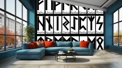 Scandinavian runes black letters white cards inscriptions name Wall mural