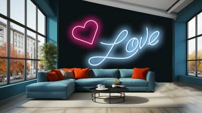 Neon inscription love. Neon sign love blue with pink heart on a black background. Vector illustration. Wall mural